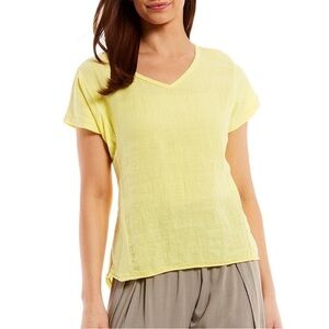 Tera Bora designer linen top. Butter stick yellow. Size L